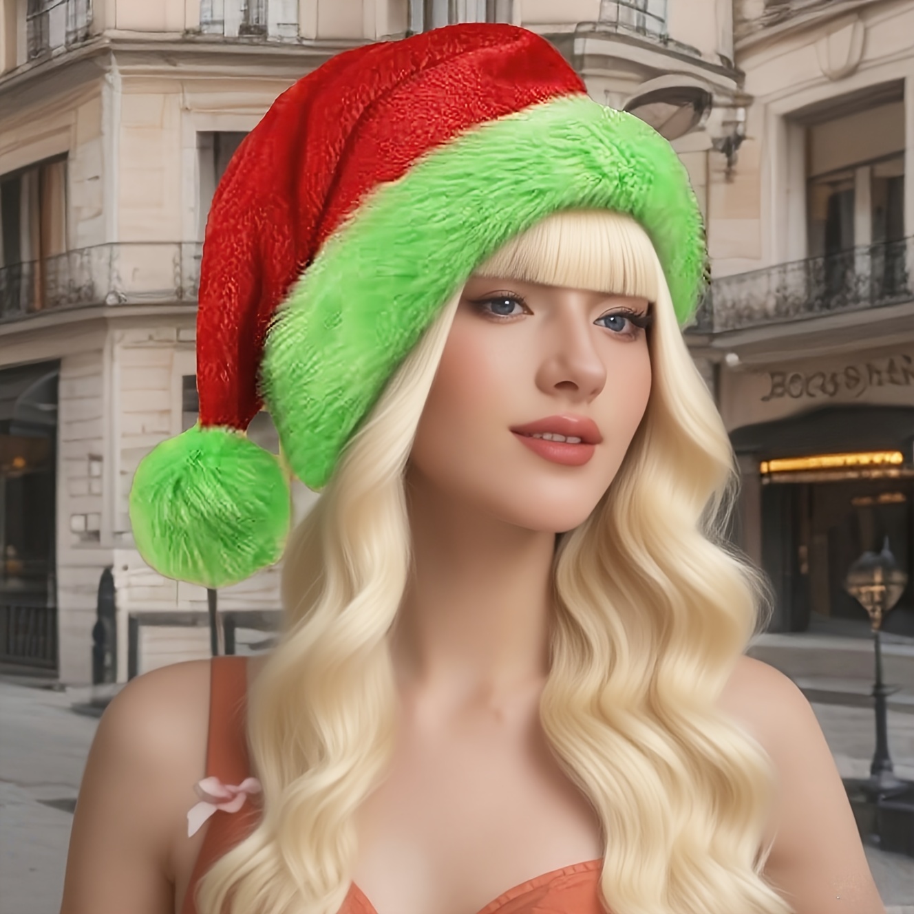 Santa Hat Plush - Флуоресцентная зеленая шапка Санты с красной
